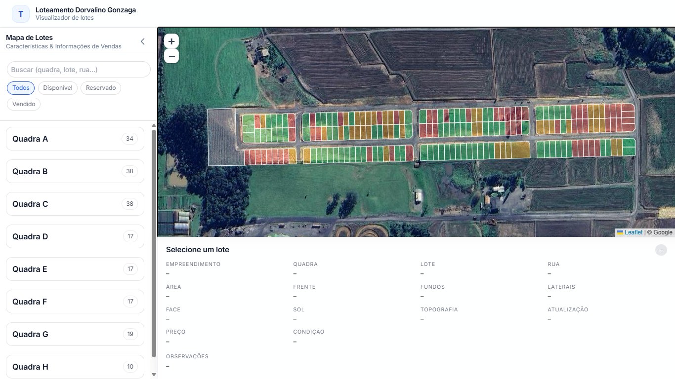 Visualizador de lotes — mapa digital com quadras coloridas por status de disponibilidade